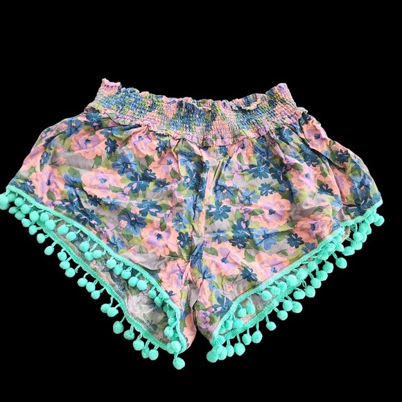 Natural Life Womens Aqua/Pink Floral Print Boho Flirty Pom Pom Shorts|EUC Sz. S - Picture 3 of 5